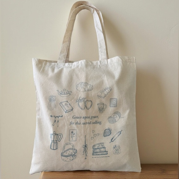 Handbags - “Grace upon grace for this sacred calling” Canvas Cottage core Tote Bag for Moms